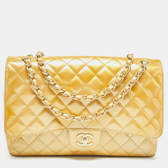 CHANEL Handbags - CHANEL Gold Quilted Patent Leather Maxi Classic Single Flap Bag